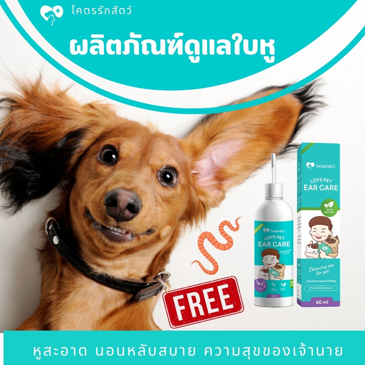 ผลิตภัณฑ์ทำความสะอาดช่องหู สัตว์เลี้ยง ขนาด 60 มล. (1กล่อง +ยาถ่ายพยาธิหมา 1เม็ด)